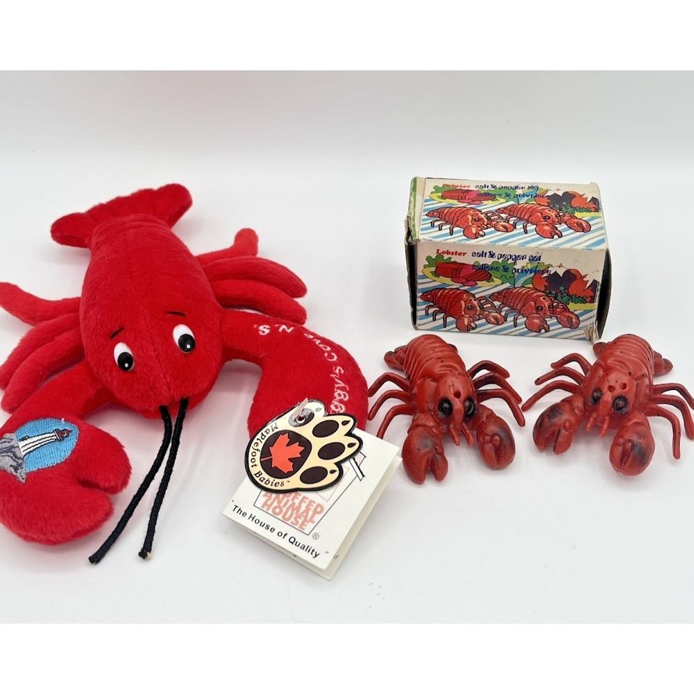 Vintage Lobster Salt & Pepper Shakers & Peggy's Cove Plush Maplefoot Canada Lot